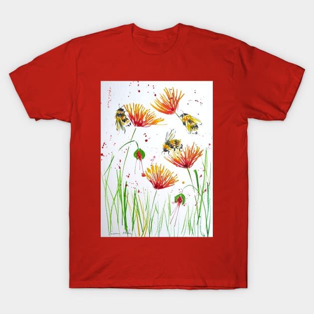 Bumble bees and Red and Yellow Flowers T-Shirt by Casimirasquirkyart